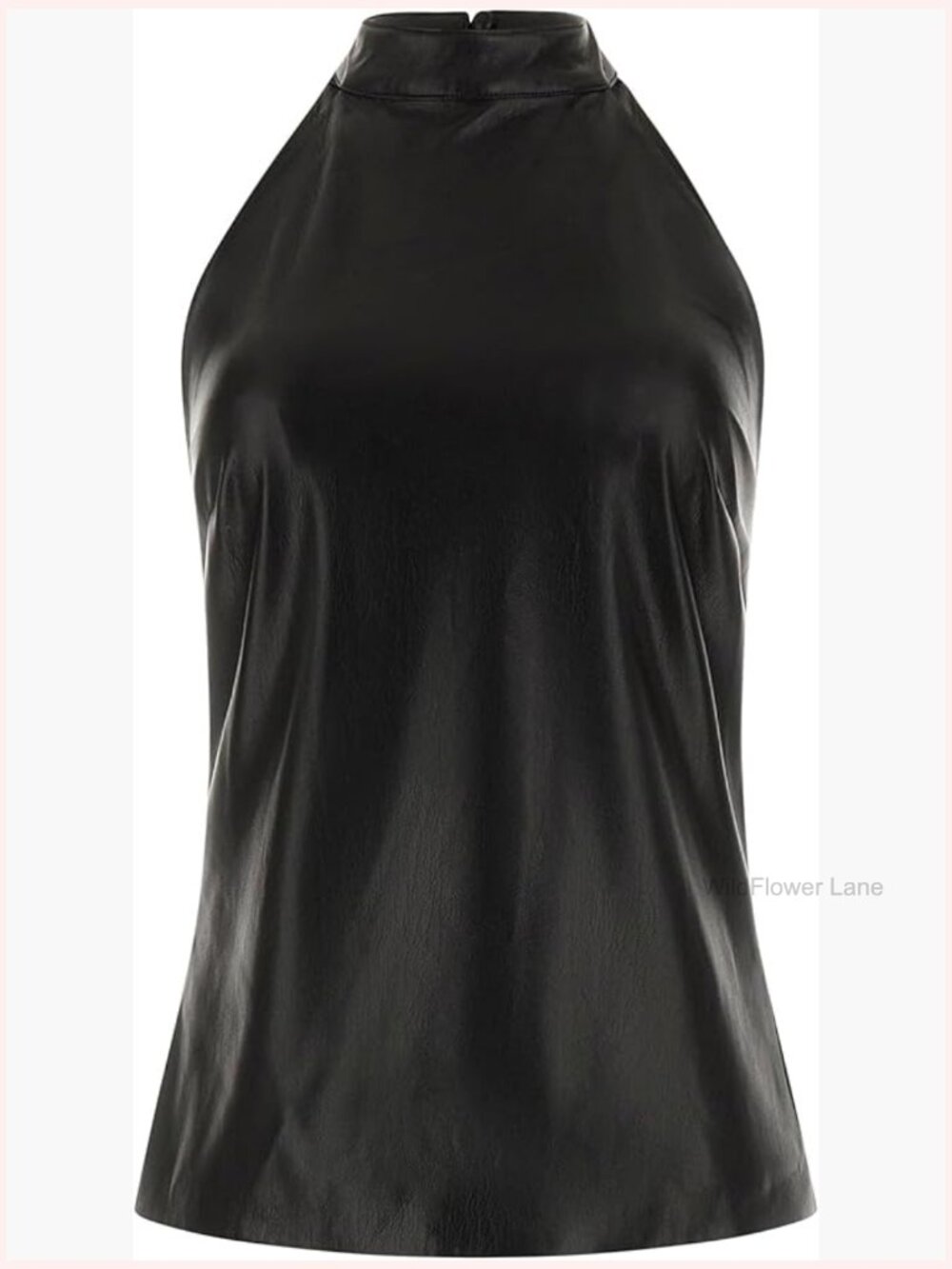 Sleeveless Faux Leather Halter Tank Top with Back Zip Closure